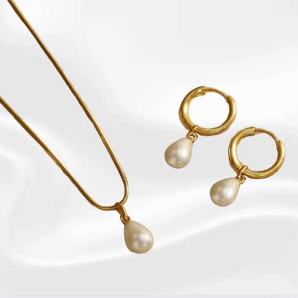 NEW! Gold Plated Pearl Drop Necklace & Hoop Earrings Set – 3pcs Jewelry - Picture 1 of 3